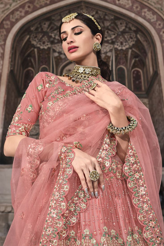 Exclusive Peach Color Net Fabric Sequins Work Designer Wedding Wear Lehenga