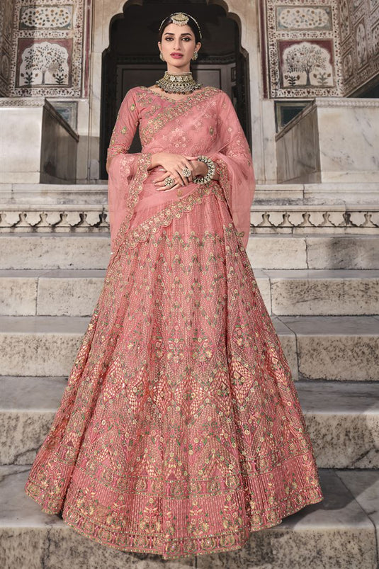 Exclusive Peach Color Net Fabric Sequins Work Designer Wedding Wear Lehenga