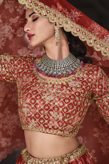 Exclusive Red Color Wedding Wear Floral Printed Lehenga In Organza Fabric