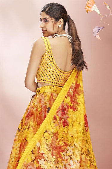 Exclusive Exquisite Organza Fabric Yellow Color Floral Digital Printed Lehenga In Function Wear