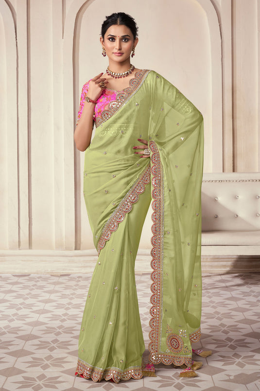 Green Color Border Work Pleasant Function Wear Art Silk Saree