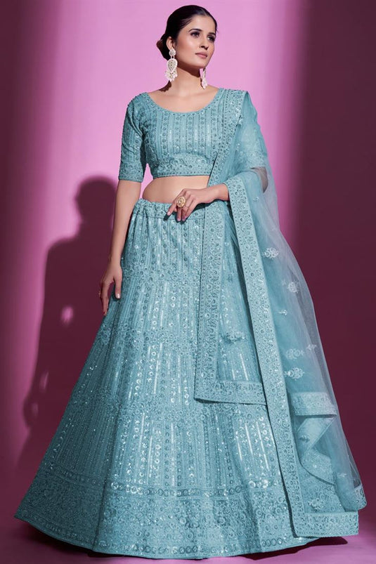 Komal Vora Cyan Color Net Fabric Royal Lehenga