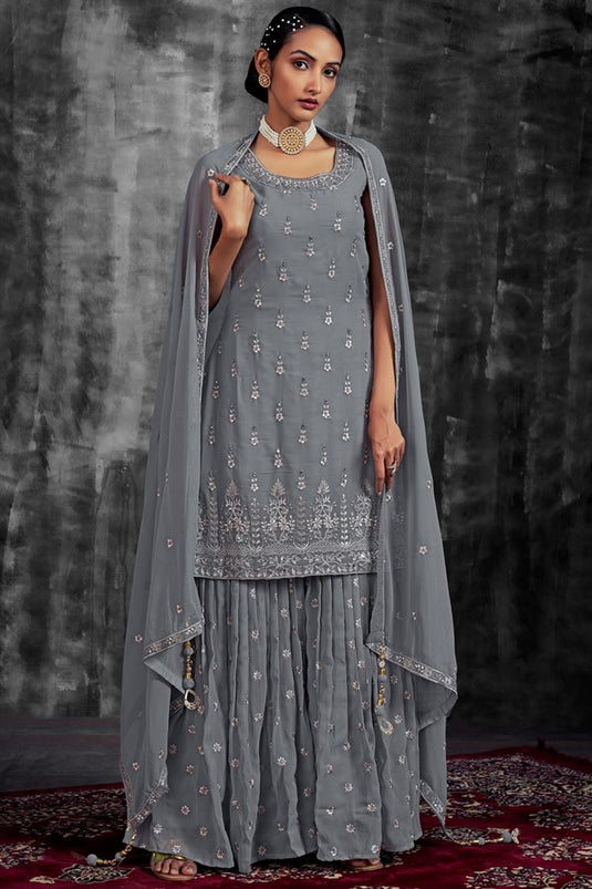 Dark Grey Color Georgette Fabric Function Look Awesome Sharara Suit