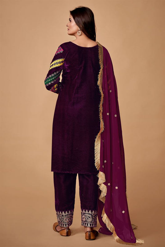 Wine Color Velvet Fabric Glorious Function Wear Salwar Suit