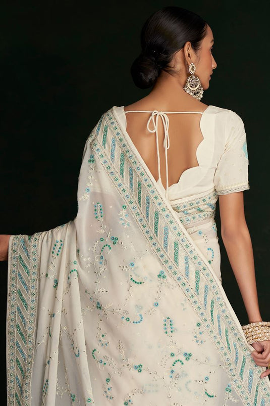 Beautiful White Georgette Saree with Lucknowi Work