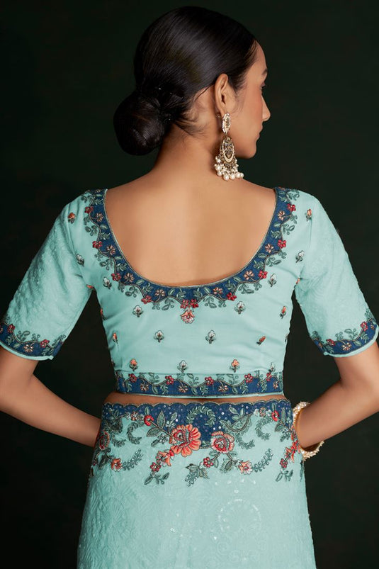 Classic Cyan Georgette Saree with Delicate Lucknowi Work