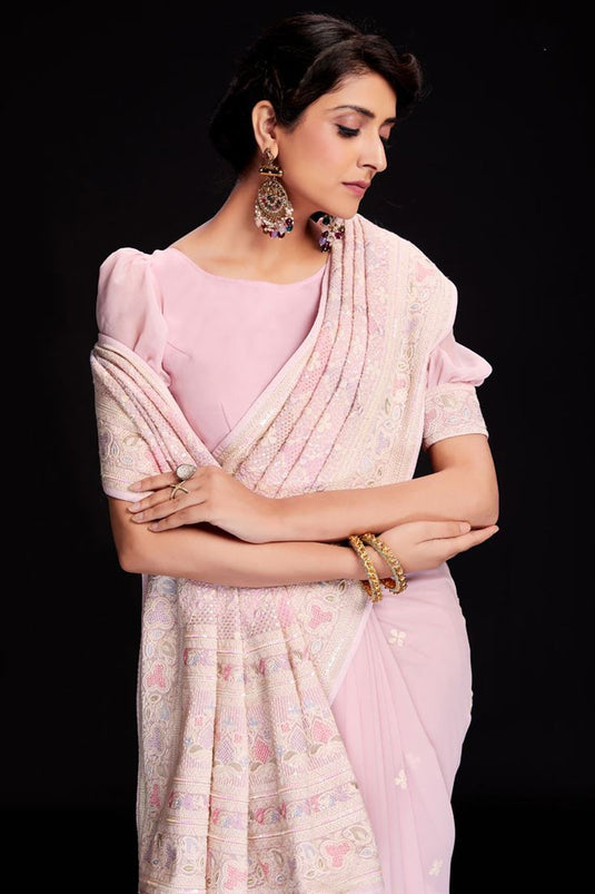 Pink Appealing Sequins Work Georgette Saree For Function