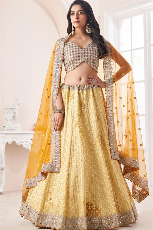 Georgette Fabric Wedding Wear Beatific Lehenga In Yellow Color