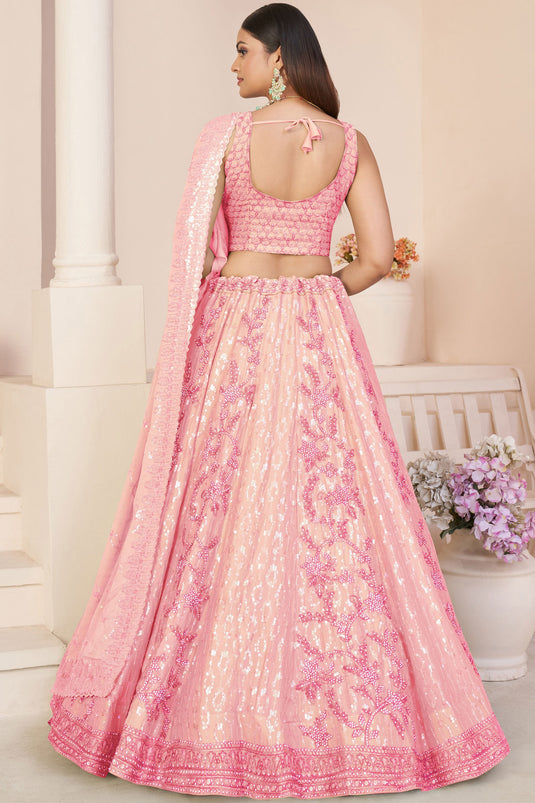 Georgette Fabric Pink Color Designer Bridal Lehenga Choli With Embroidery Work