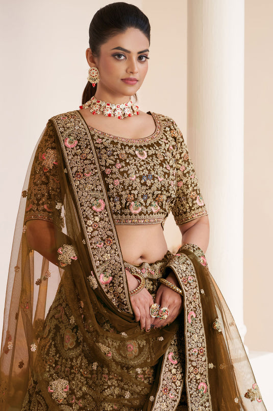 Embroidered Dark Beige Net Wedding Wear Lehenga Choli