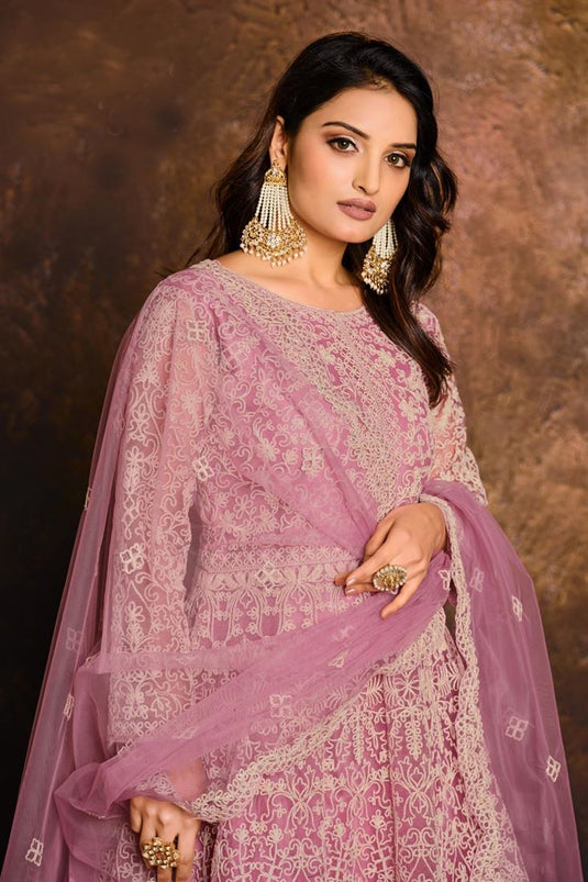Pink Color Net Fabric Function Wear Embroidered Anarkali Salwar Suit
