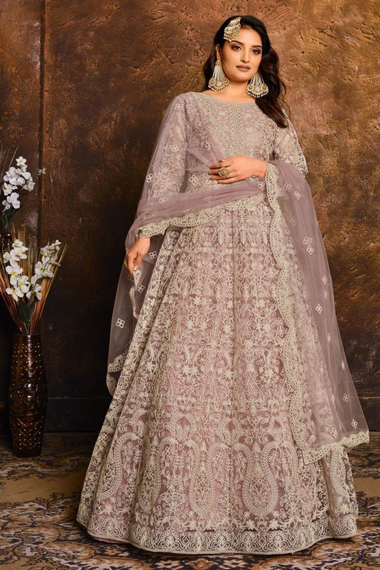 Embroidery Work Lavender Color Net Fabric Anarkali Salwar Suit
