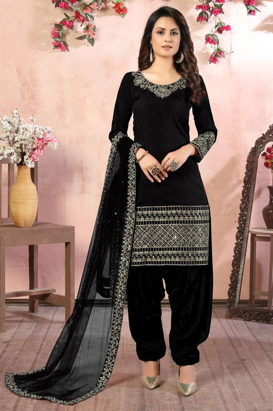 Black Color Art Silk Fabric Embroidery Work Function Wear Fancy Patiala Salwar Suit