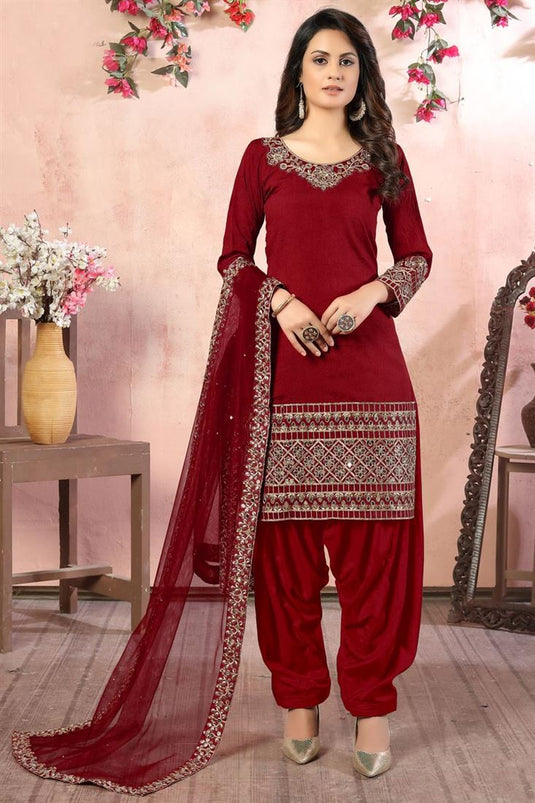 Art Silk Fabric Embroidery Work Wedding Wear Designer Patiala Salwar Suit In Maroon Color