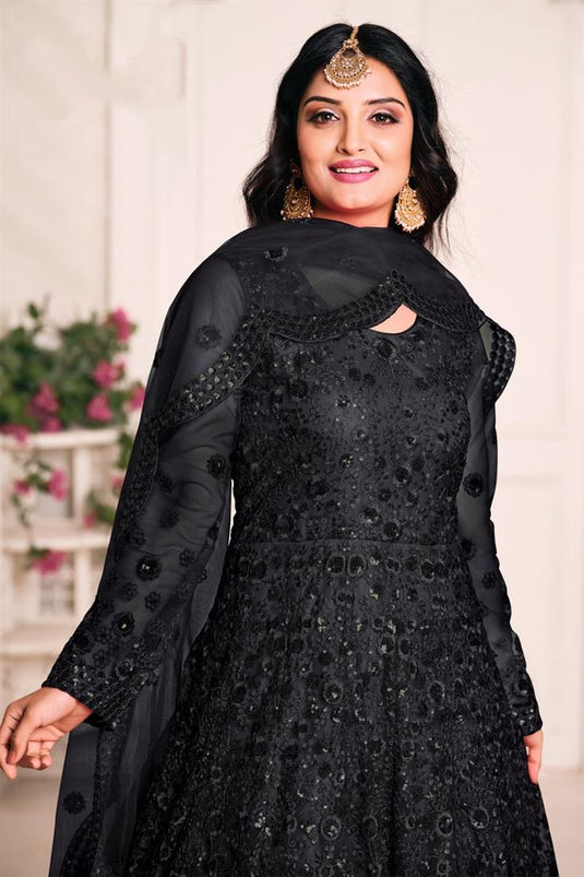 Black Color Net Fabric Embroidery Work Function Wear Anarkali Suit