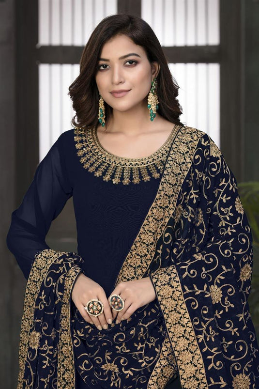 Navy Blue Color Function Wear Stylish Embroidered Georgette Fabric Anarkali Dress