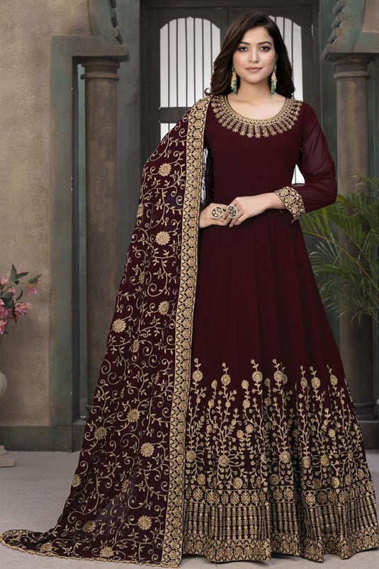 Georgette Fabric Wedding Wear Fancy Embroidered Anarkali Salwar Suit In Maroon Color