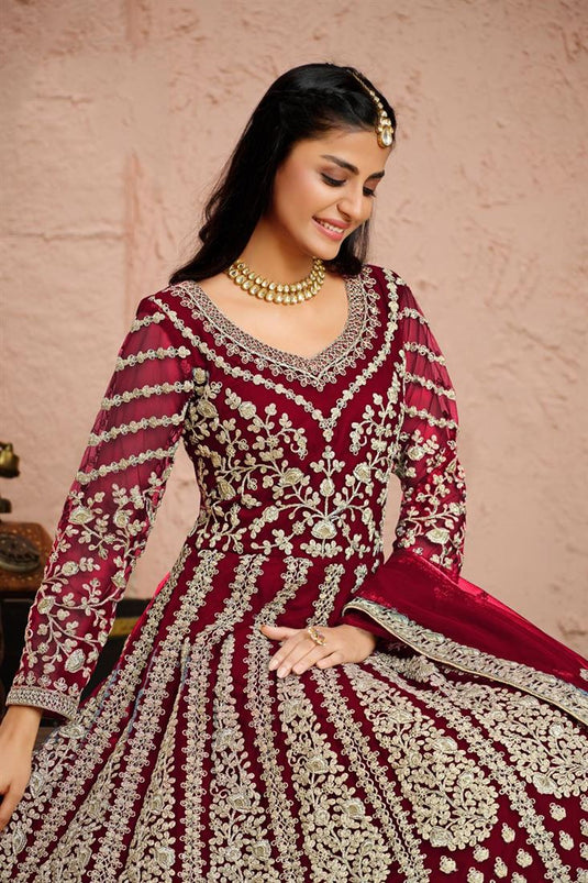 Maroon Color Net Fabric Sangeet Wear Embroidered Designer Anarkali Suit