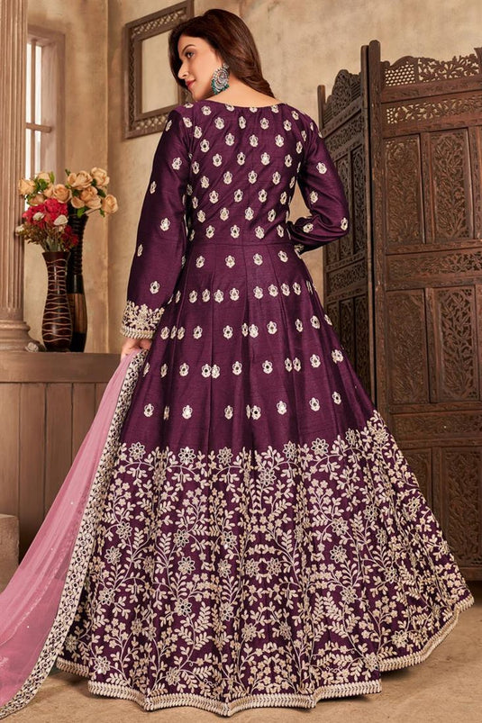 Stunning Purple Embroidered Art Silk Floor Length Anarkali Suit