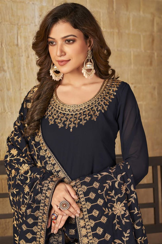 Radiant Embroidered Work On Navy Blue Color Georgette Fabric Anarkali Suit