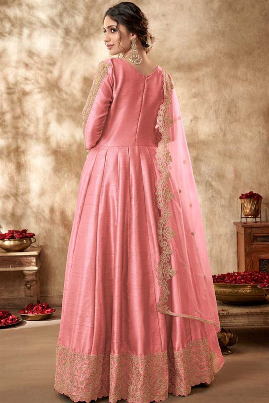 Appealing Peach Color Art Silk Fabric Anarkali Suit With Embroidered Work