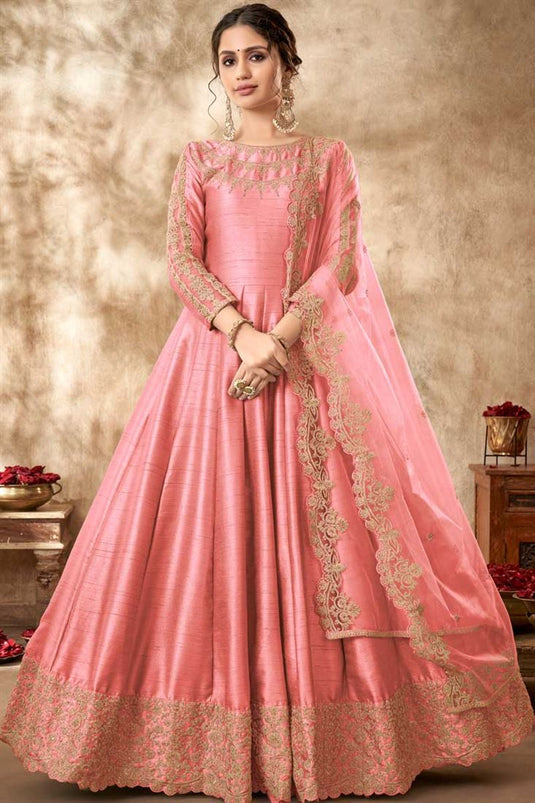 Appealing Peach Color Art Silk Fabric Anarkali Suit With Embroidered Work