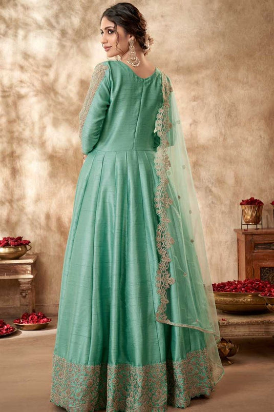 Art Silk Fabric Sea Green Color Anarkali Suit With Ingenious Embroidered Work