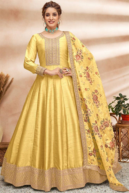 Art Silk Fabric Yellow Color Excellent Sangeet Wear Anarkali Suit