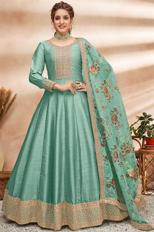 Glamorous Art Silk Fabric Sea Green Color Sangeet Wear Anarkali Suit