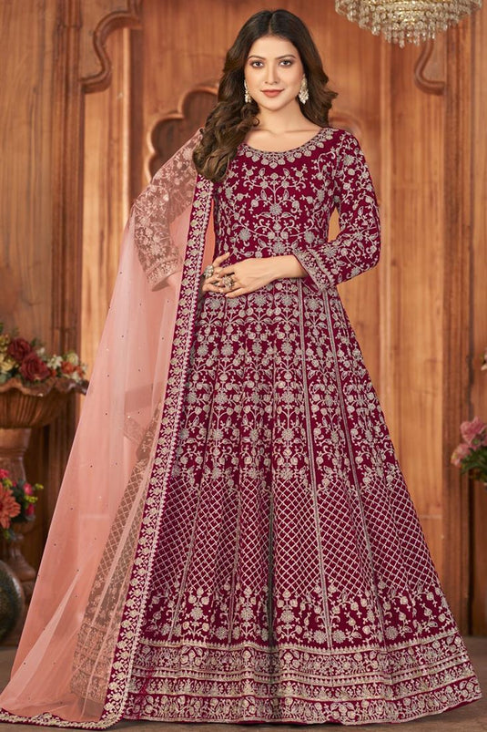 Marvellous Function Wear Velvet Fabric Anarkali Suit In Red Color