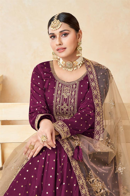 Beatific Function Look Fancy Fabric Anarkali Suit In Purple Color