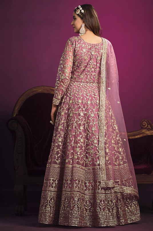 Classic Pink Color Embroidered Anarkali Suit In Net Fabric