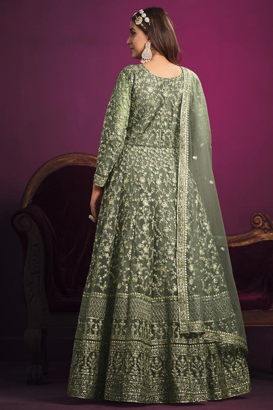 Net Fabric Green Color Embroidered Winsome Anarkali Suit