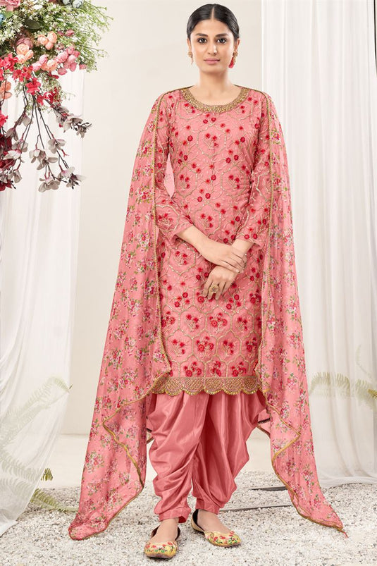 Charming Pink Color Net Fabric Embroidered Patiala Suit