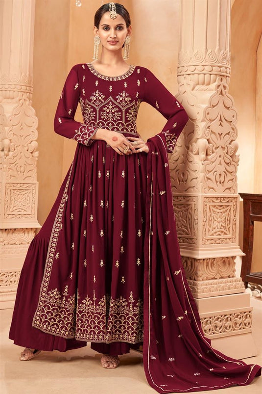 Maroon Color Georgette Enticing Palazzo Suit For Function