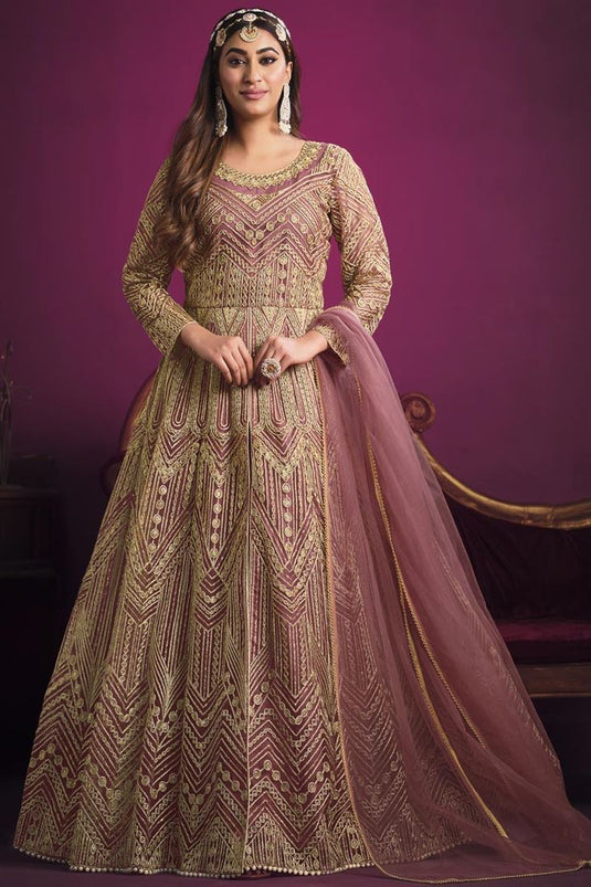 Pink Color Alluring Sangeet Wear Net Anarklai Suit