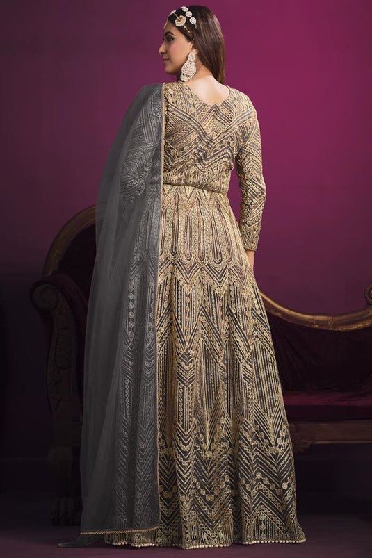 Classic Grey Color Sangeet Wear Net Anarklai Suit