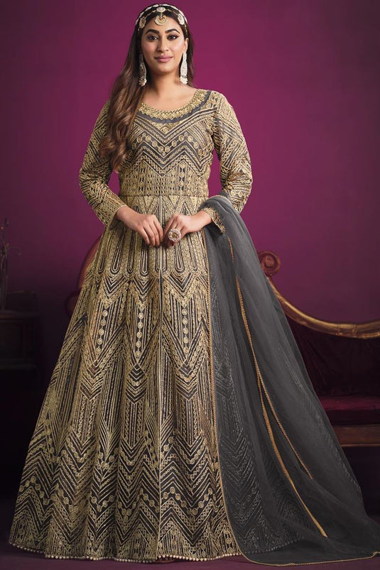 Classic Grey Color Sangeet Wear Net Anarklai Suit