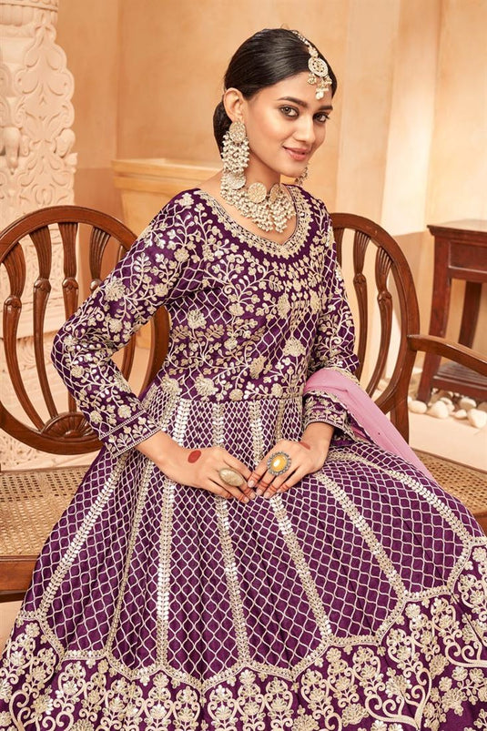 Fascinating Purple Color Art Silk Anarkali Suit