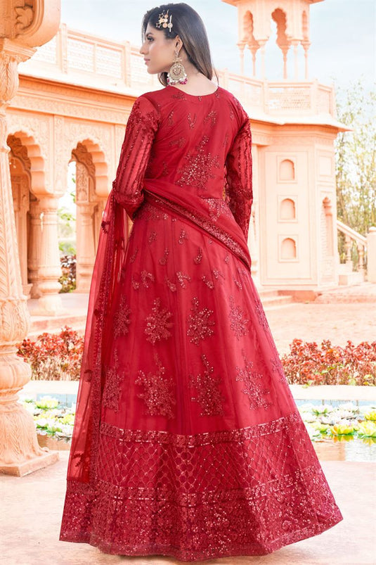 Alluring Net Fabric Red Color Embroidered Anarkali Suit