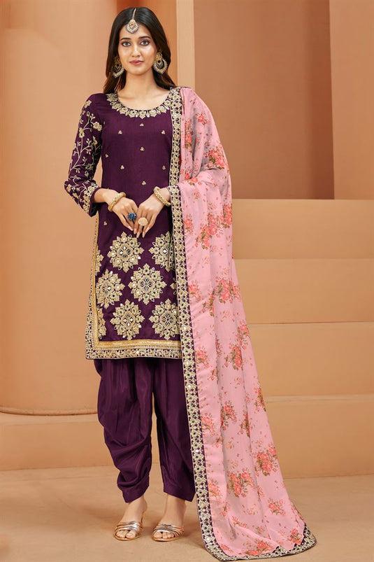 Wine Art Silk Embroidered Mirror Work Patiala Suit Function Wear