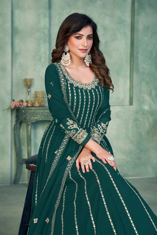 Teal Color Georgette Fabric Fancy Embroidered Function Wear Anarkali Salwar Suit