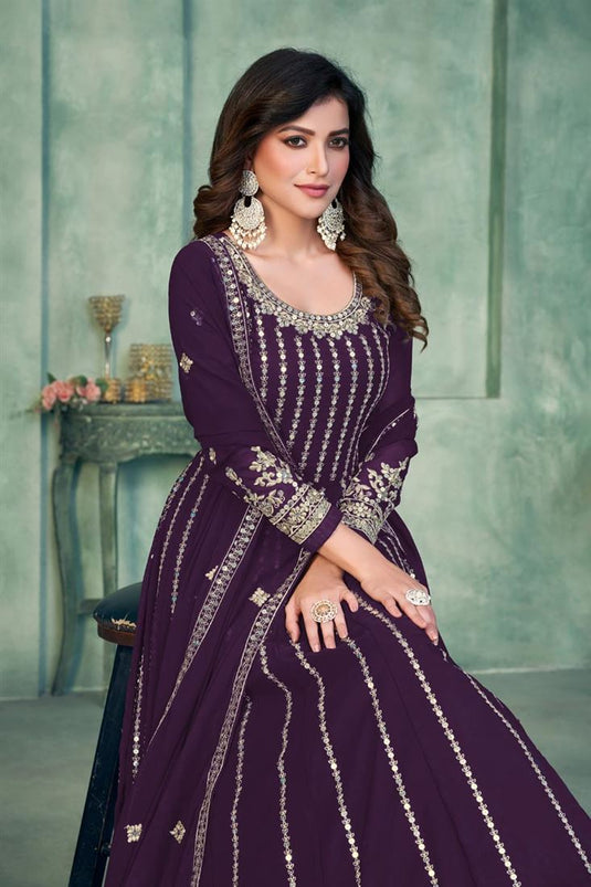 Georgette Fabric Purple Color Festive Wear Embroidered Anarkali Salwar Kameez