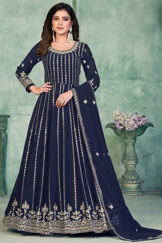 Navy Blue Color Party Wear Embroidered Anarkali Salwar Suit In Georgette Fabric