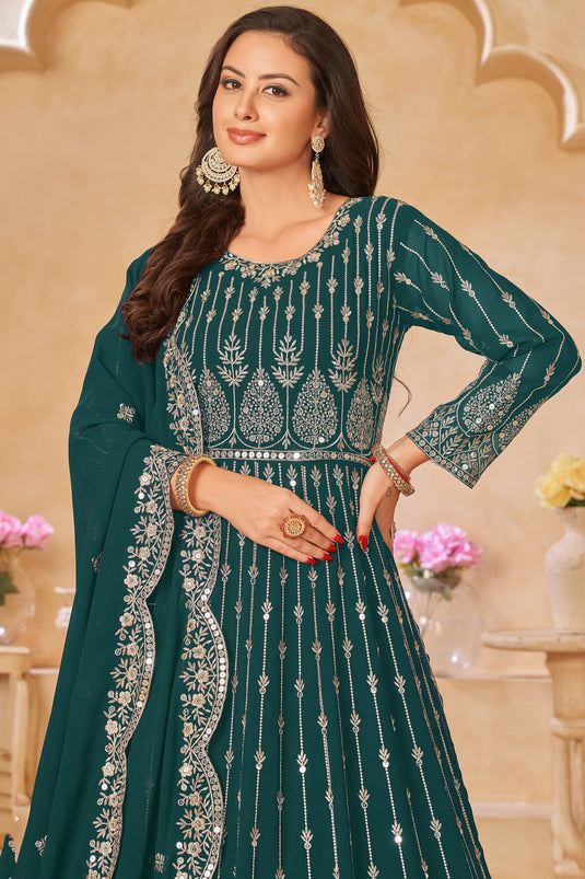 Georgette Fabric Embroidered Function Wear Long Anarkali Salwar Kameez In Teal Color