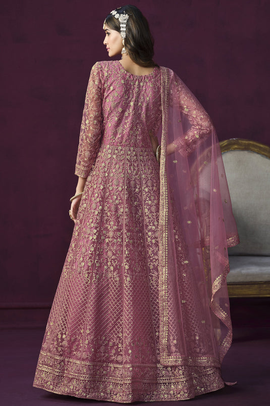 Pink Color Festive Wear Embroidered Fashionable Anarkali Salwar Suit In Net Fabric