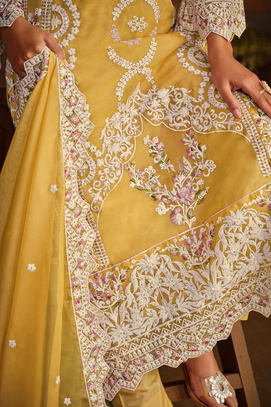 Yellow Color Embroidered Organza Fabric Designer Salwar Kameez