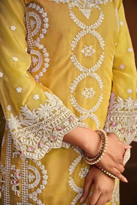 Yellow Color Embroidered Organza Fabric Designer Salwar Kameez