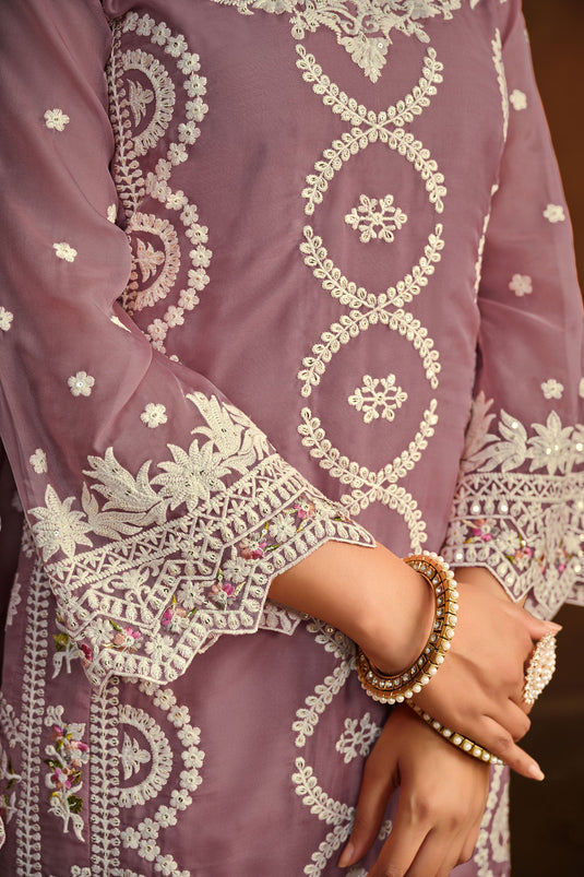 Lavender Color Organza Fabric Designer Embroidered Salwar Suit