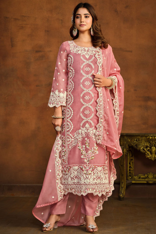 Organza Fabric Embroidered Straight Cut Salwar Kameez In Pink Color